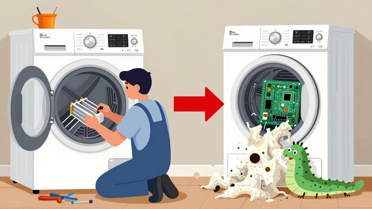 Split illustration showing repair of an old dryer versus a dryer destroyed by lint and faulty electronics.