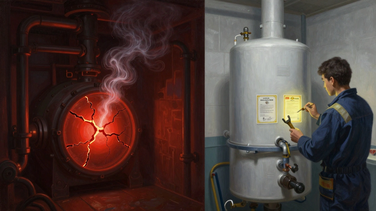 Split image: dangerous boiler cracks vs. safe professional service, symbolizing risk and protection.