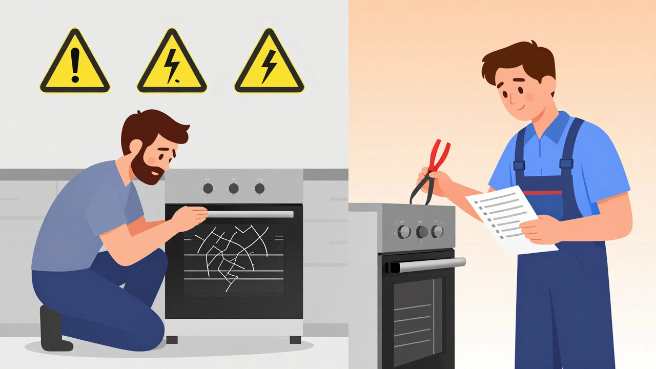 Split image: dangerous DIY attempt vs. professional oven repair.