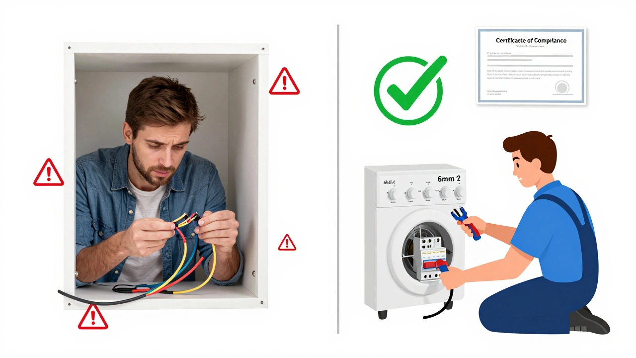 Split image: unsafe DIY wiring vs. professional installation with proper cables and certification.