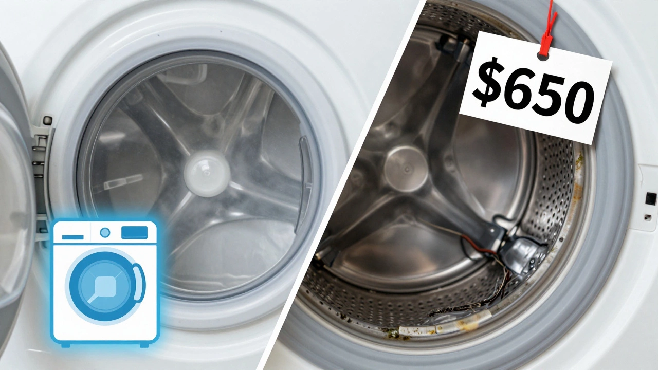 Split washing machine: one side new and clean, the other side damaged with price tag.