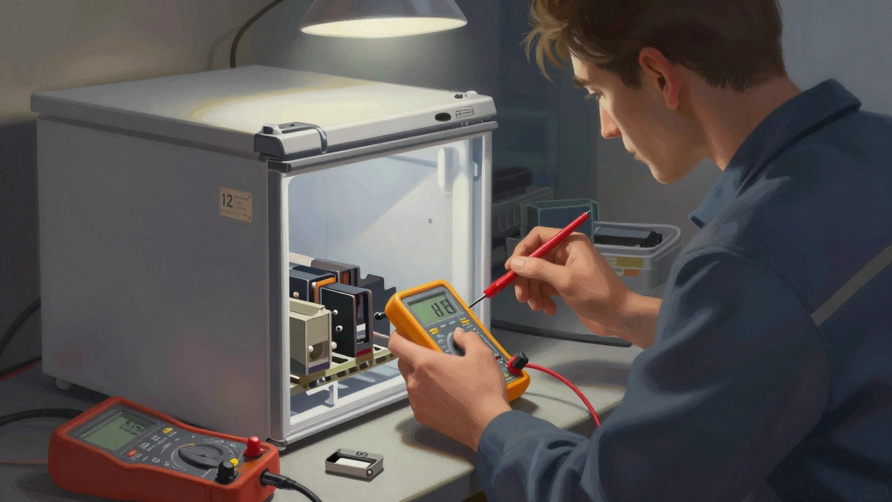 Technician testing a freezer's start relay with multimeter on a cluttered workbench.