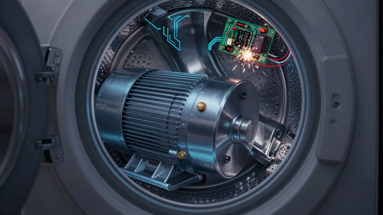 Transparent washing machine showing motor and control board failing with electrical sparks.