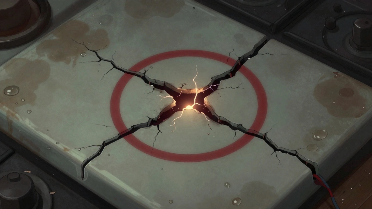 A cracked ceramic hob surface with electrical arcing and moisture seeping in, highlighting a safety hazard.