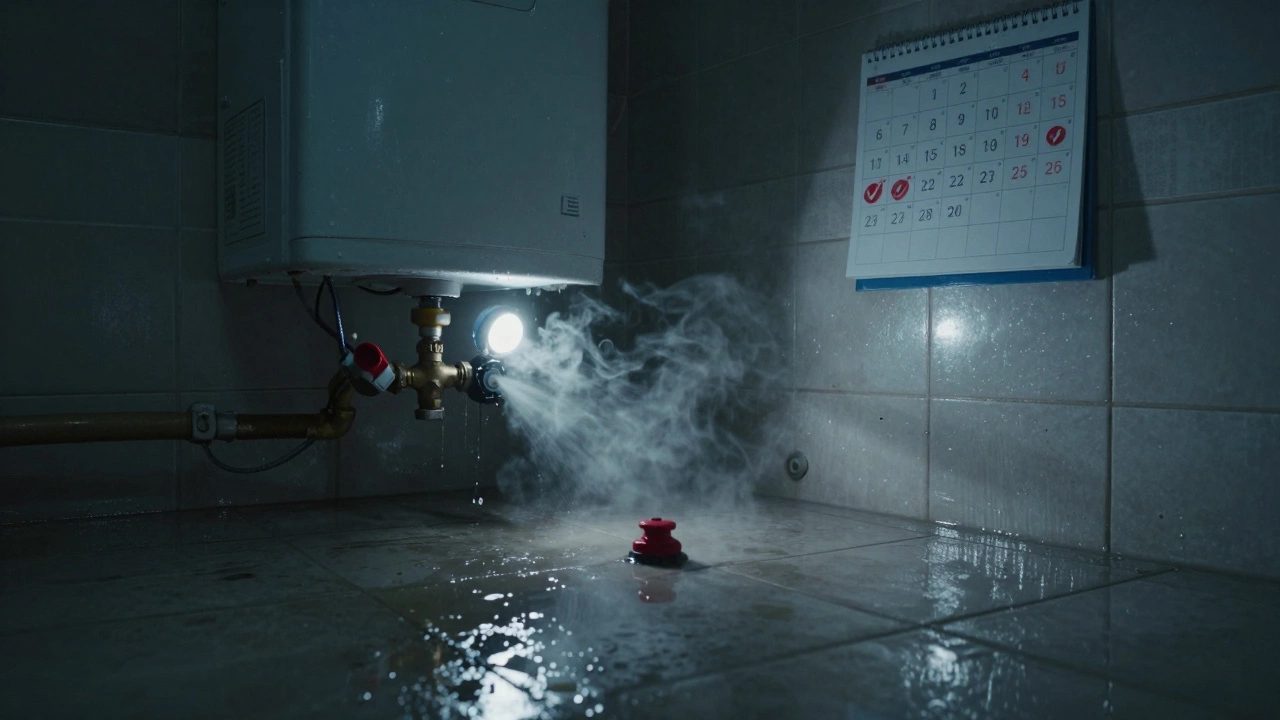 A flooded laundry room after a water heater burst, with steam and a submerged reset button.