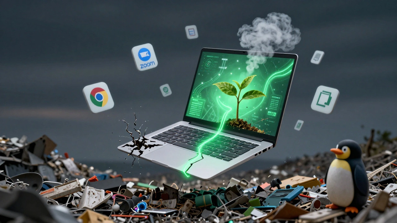 A repaired laptop floating above a landfill, emitting green energy and a shrinking carbon footprint.