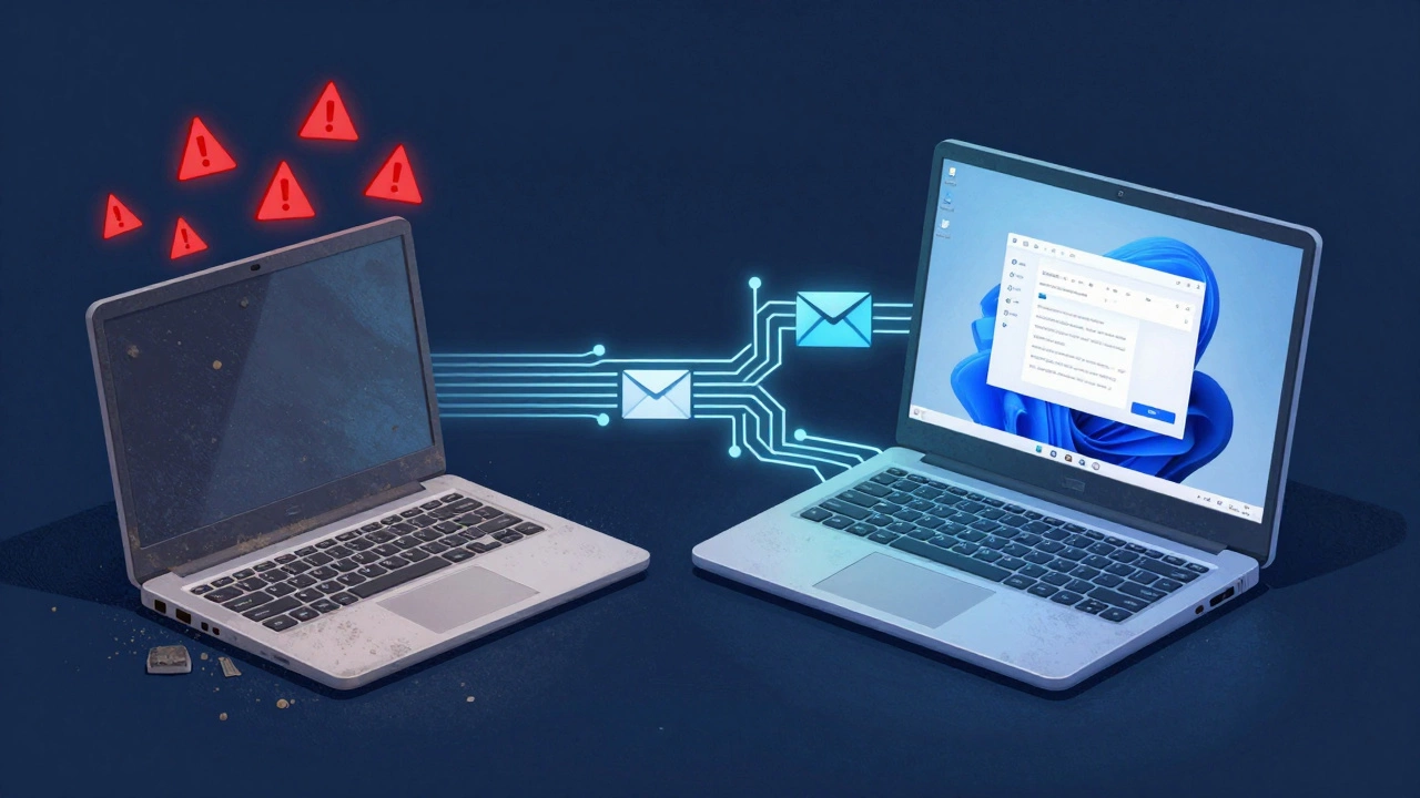 A split image showing a slow, overheating laptop transforming into a smooth, repaired one running Linux.