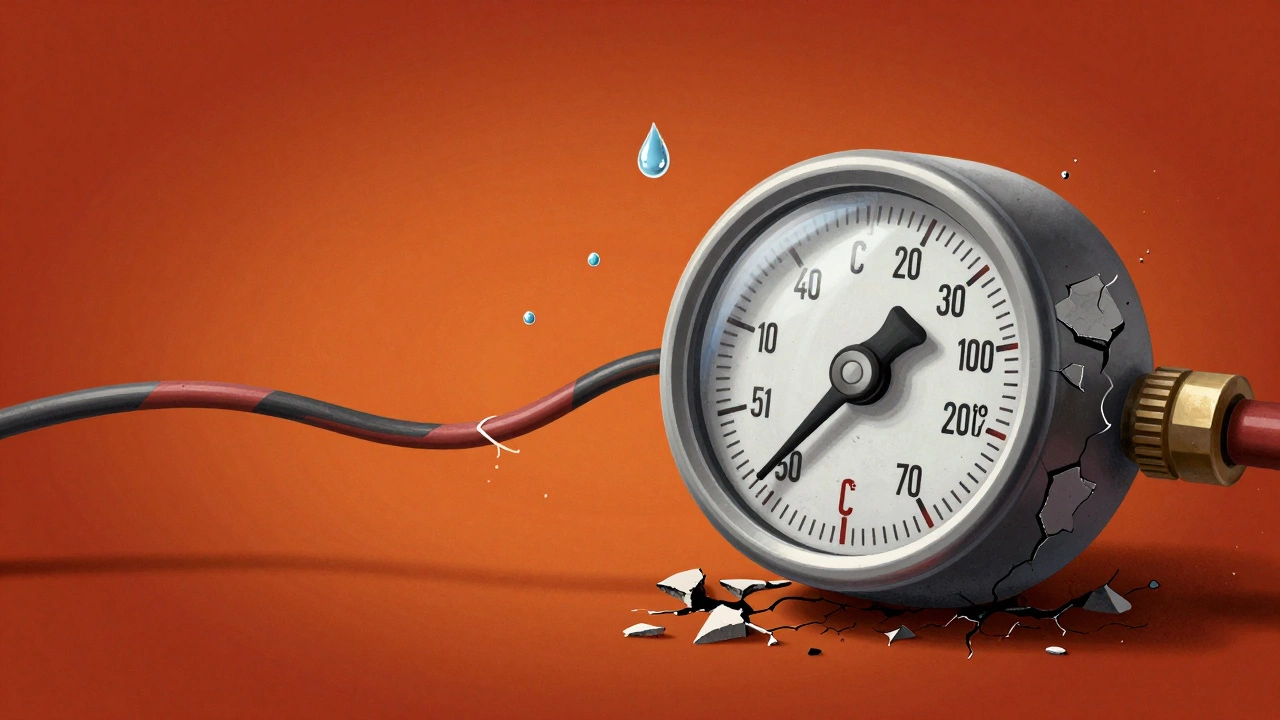 A symbolic illustration of a water heater overheating with scaling, frayed wires, and a spinning thermostat.