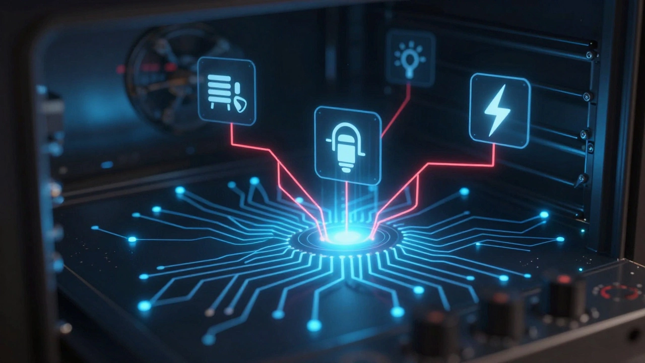 Conceptual view of an oven control board failing due to multiple component faults.