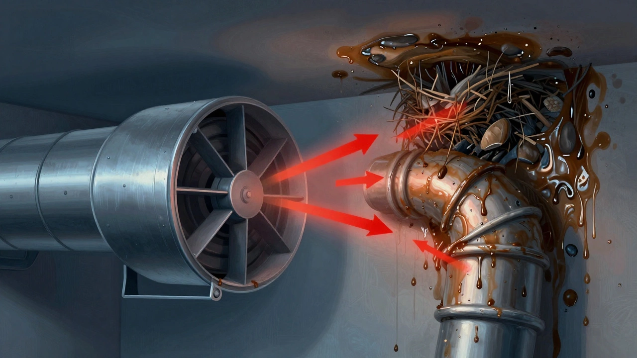 Cross-section of clean versus clogged duct system showing airflow blockage from grease and debris.