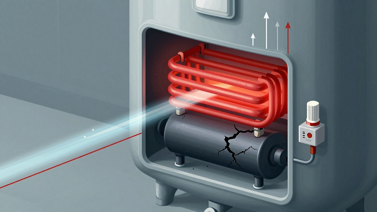 Cross-section of water heater tank showing top element active and bottom element failed with mineral buildup.