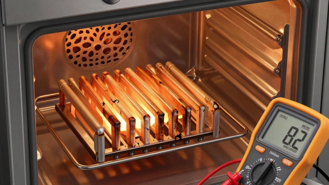 Damaged heating element inside oven with multimeter testing