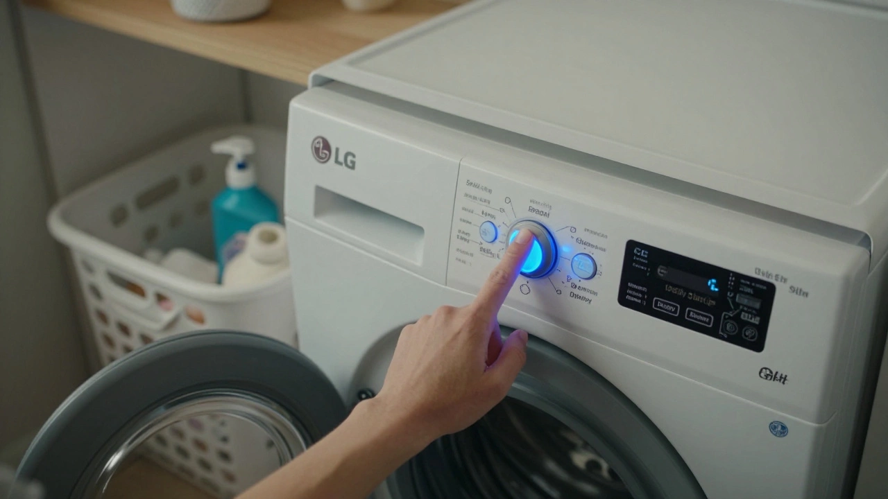 Hand pressing buttons on an LG washing machine display as it shows a reset confirmation.