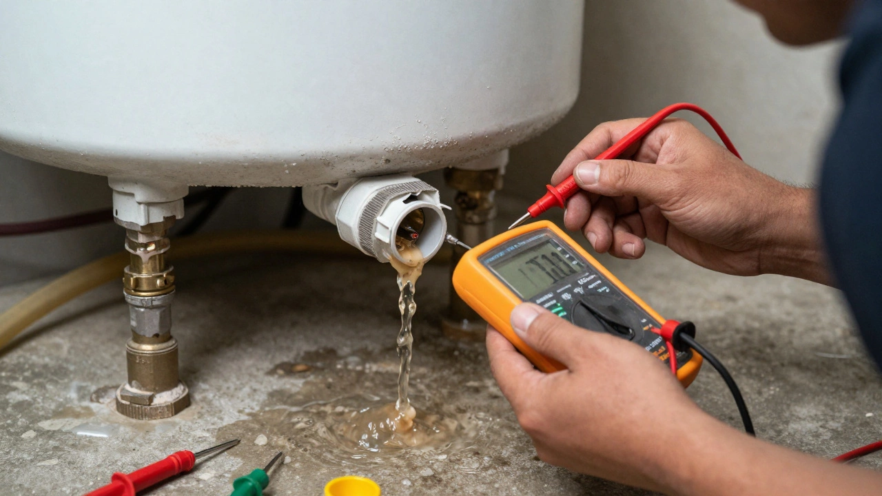 Hands testing a water heater element with a multimeter as sediment drains from the tank.
