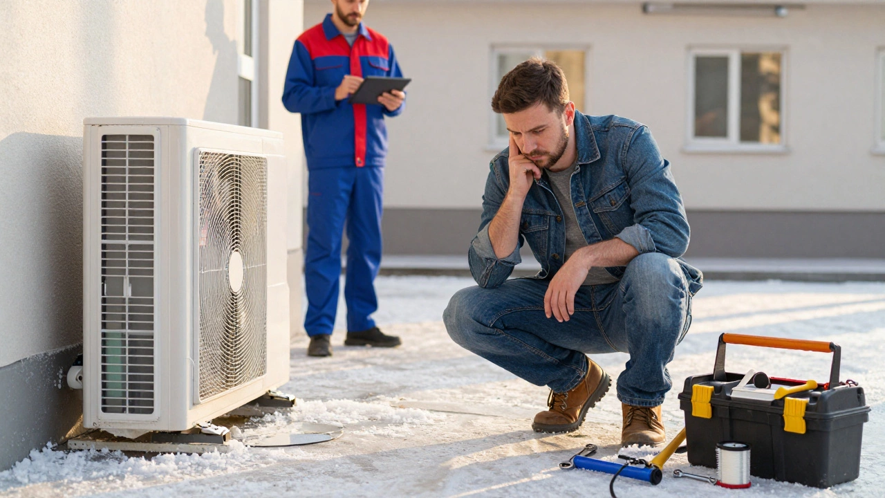 Homeowner hesitates to turn off a frost-covered heat pump while a technician approaches with diagnostic tools.