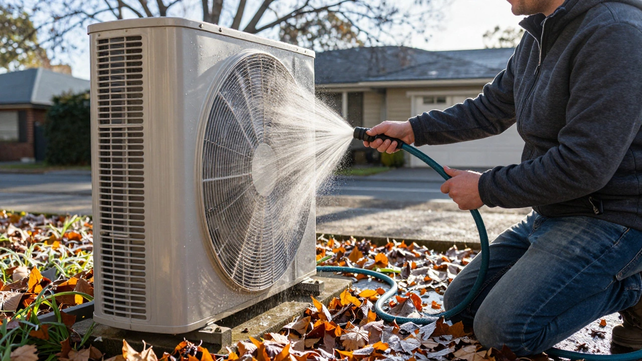 Person cleaning frost and leaves from outdoor heat pump unit with a garden hose.