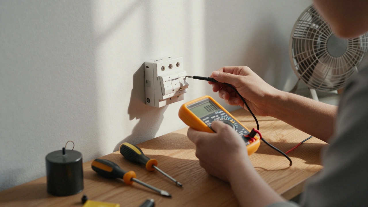 Person testing an extractor fan switch with multimeter, tools and replacement parts on table.