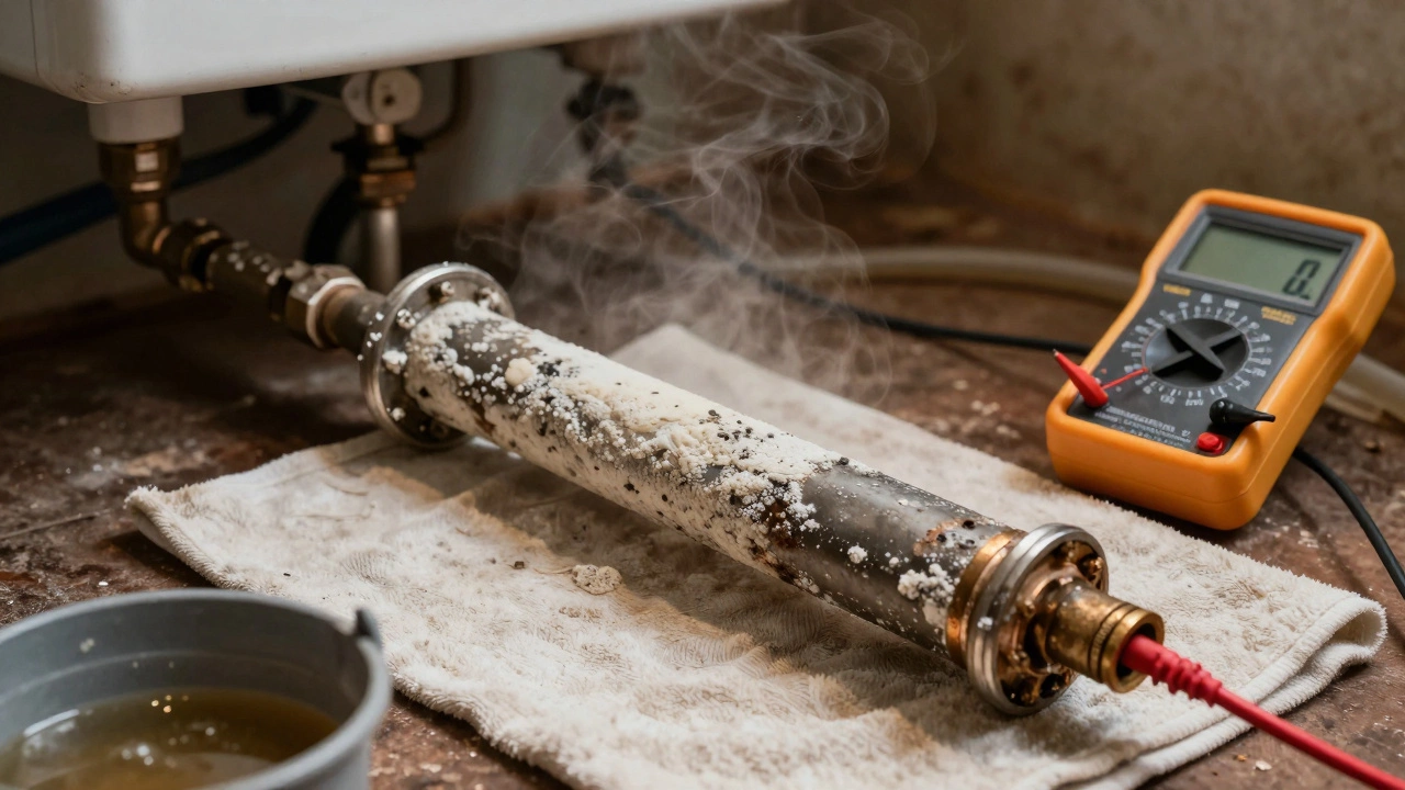 Removed water heater element covered in white mineral deposits and corroded terminals on a cloth.