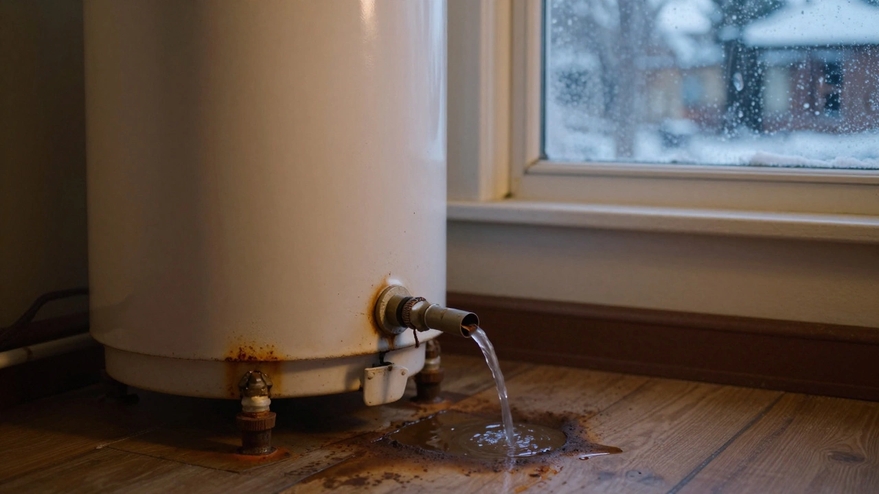 Rusty water heater leaking from a faulty pressure valve, water pooling on the floor.