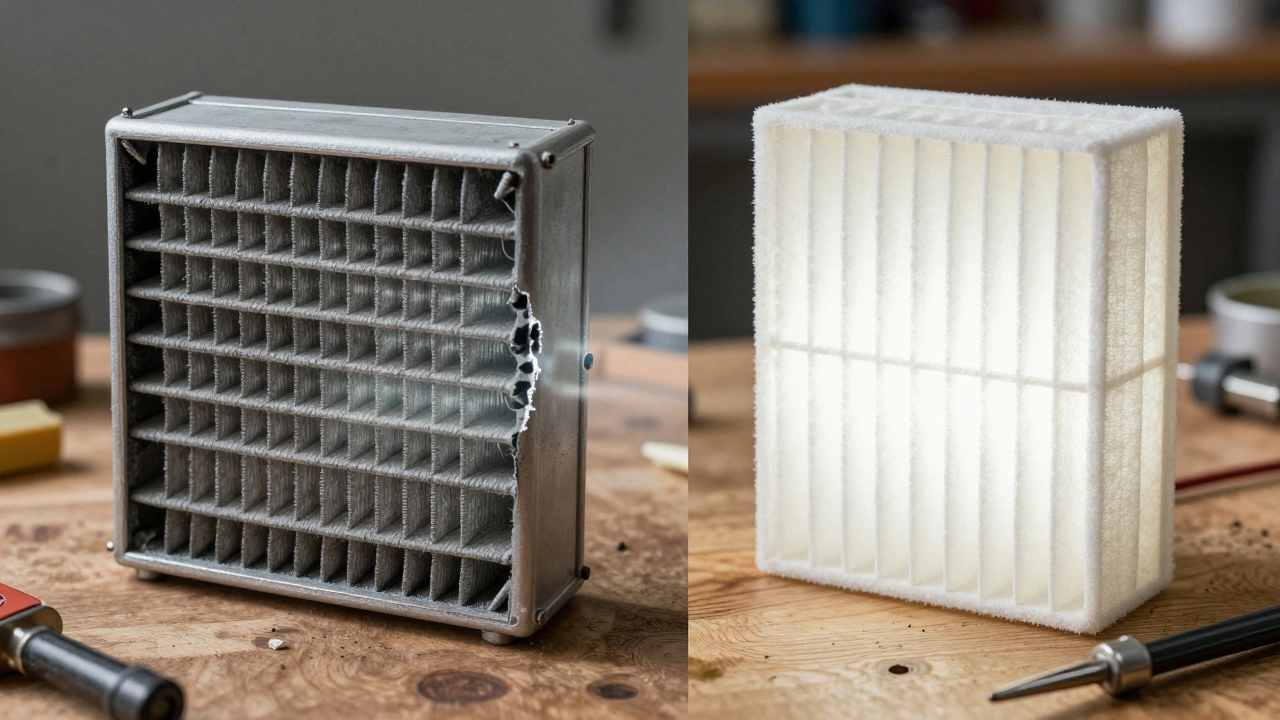 Side-by-side view of a dirty versus clean air filter with light passing through the clean one.