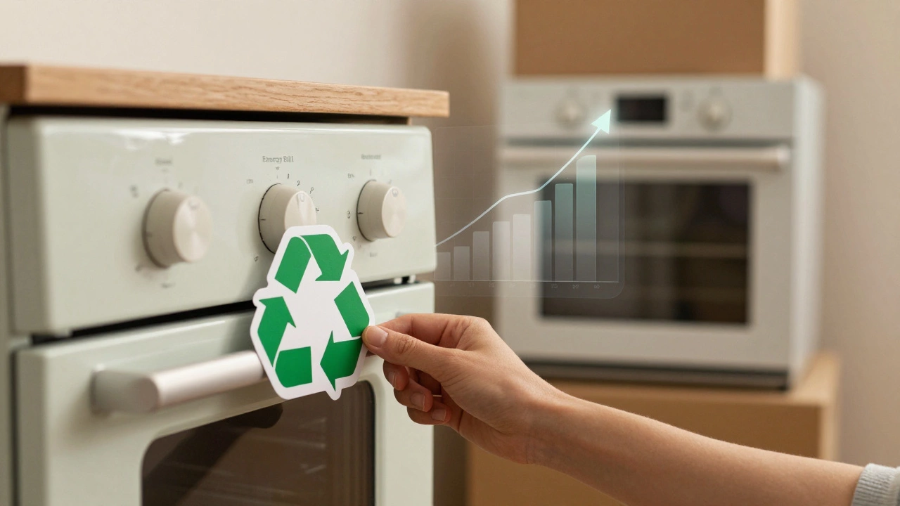 A hand recycling an old oven while a new one is unboxed, symbolizing the transition to better performance.