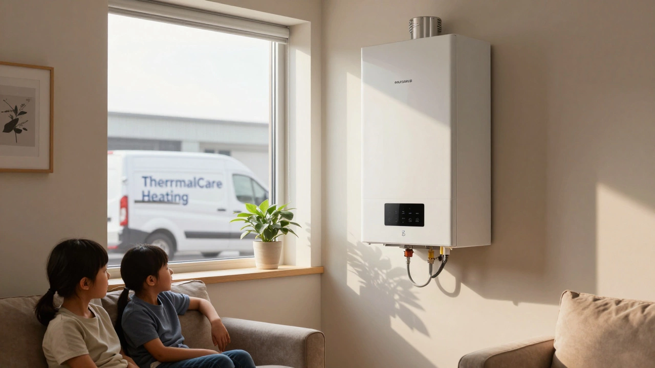 A modern wall-mounted boiler installed in a clean, peaceful living room with natural sunlight.