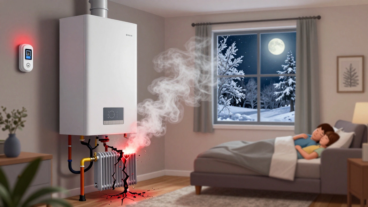 A symbolic illustration of carbon monoxide leaking from a cracked boiler into a sleeping household, with a CO detector glowing red in the background.