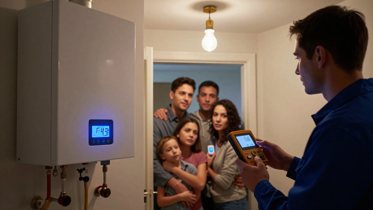 A technician using a gas detector beside a boiler with a flashing E1 error code, while a family watches anxiously from the doorway.
