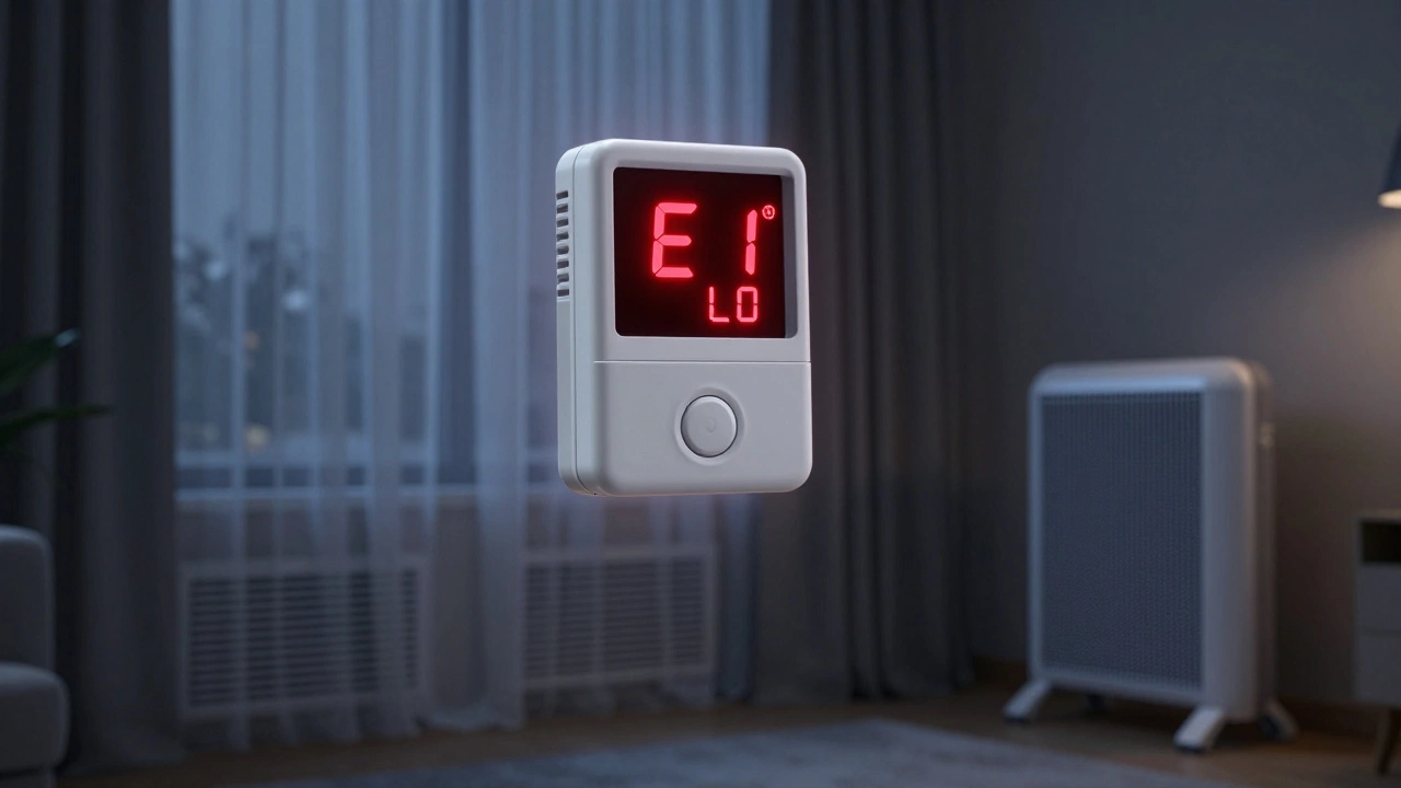 A thermostat displaying error codes above a cold room with drawn curtains and an unused space heater.