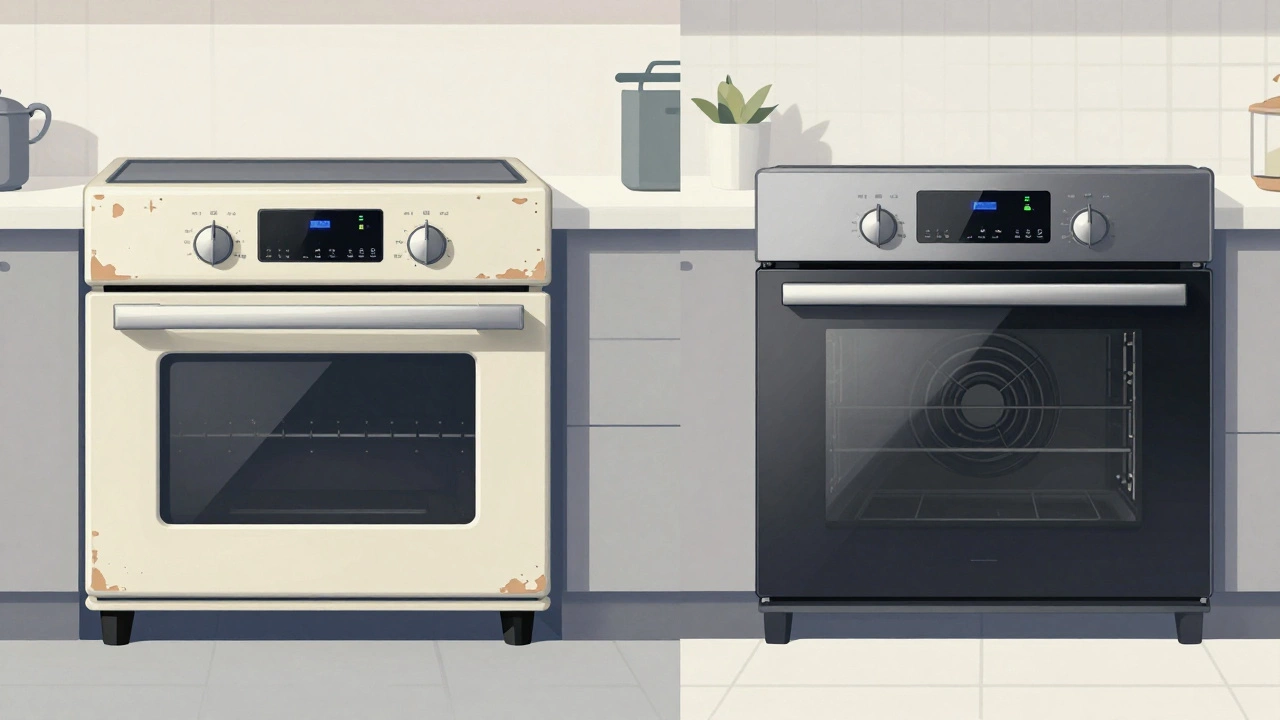 A vintage oven next to a modern energy-efficient model, highlighting the contrast in design and technology.