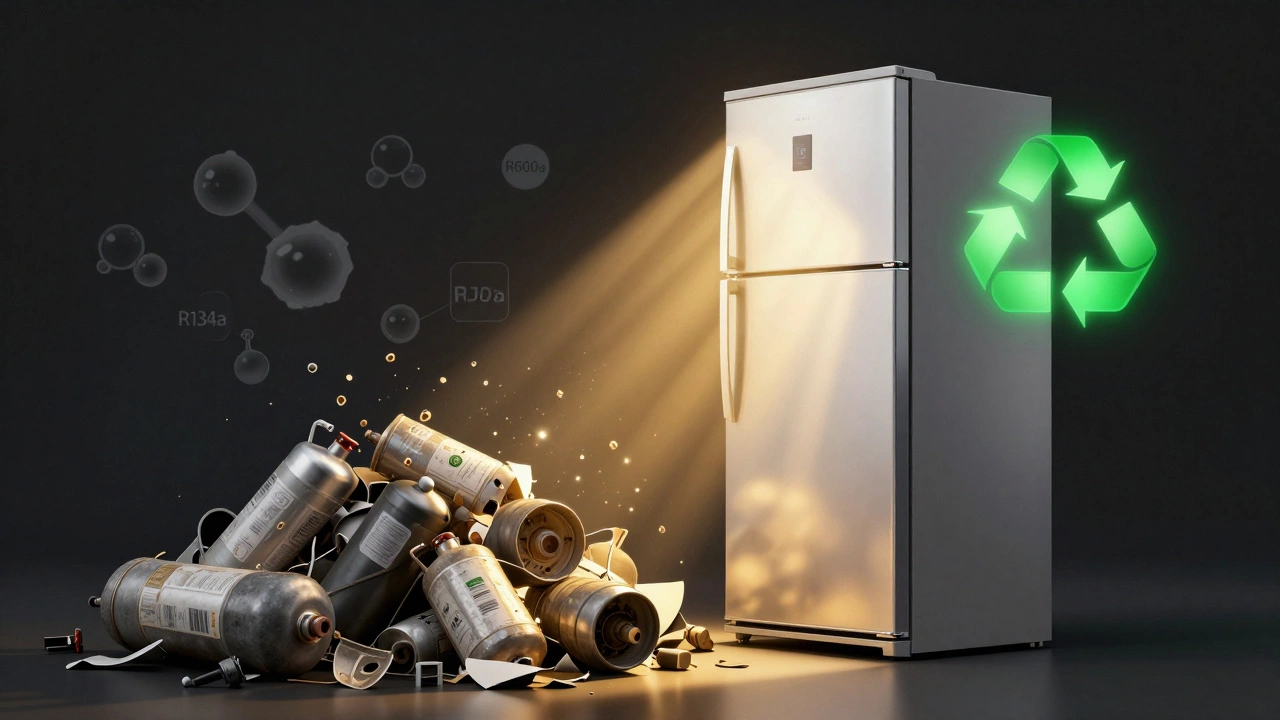 An old fridge breaking apart as a new efficient one emerges, symbolizing environmental improvement.