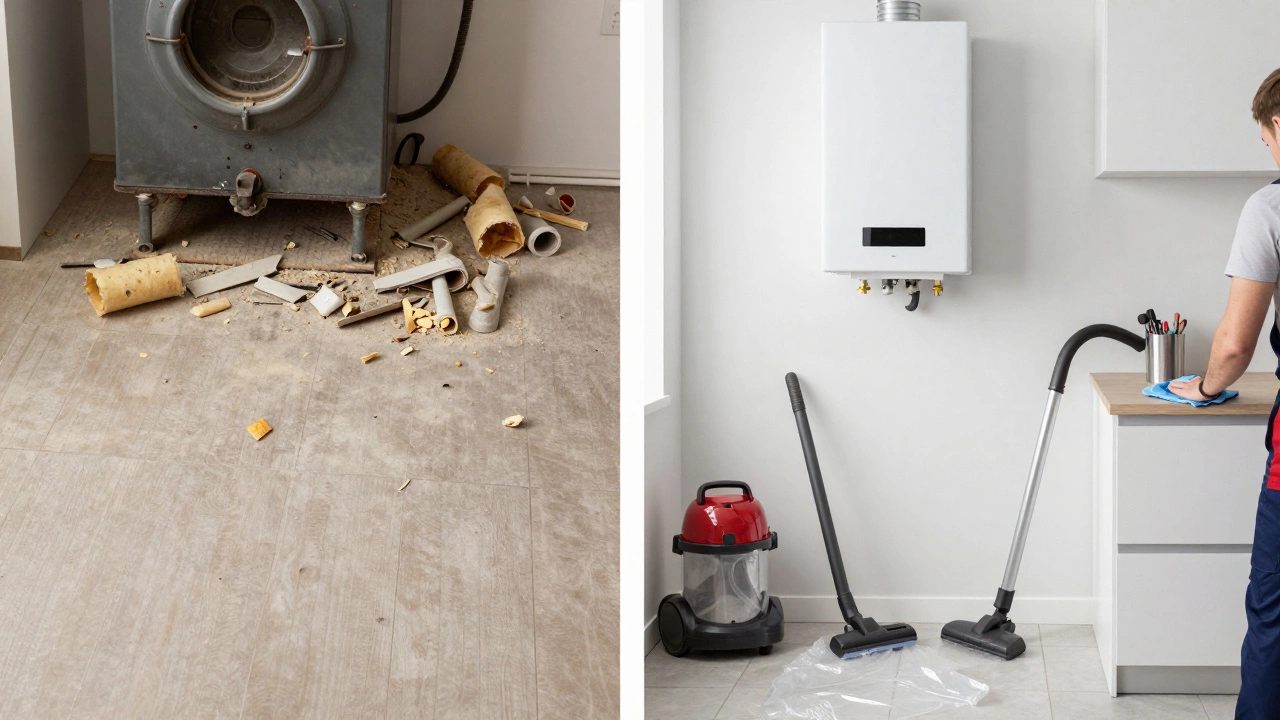 Before-and-after view of a kitchen area: messy debris on left, clean and tidy with new boiler on right.