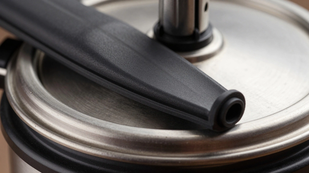 Close up of a pressure cooker lid seal and safety valve mechanism.