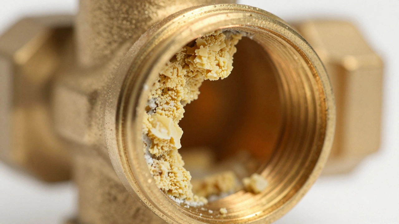 Close-up of mineral deposits inside a copper pipe fitting.