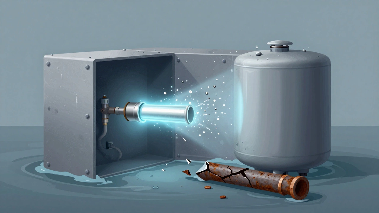 Conceptual image of a water heater tank protected by a glowing anode rod, deflecting corrosive elements away from its steel walls.
