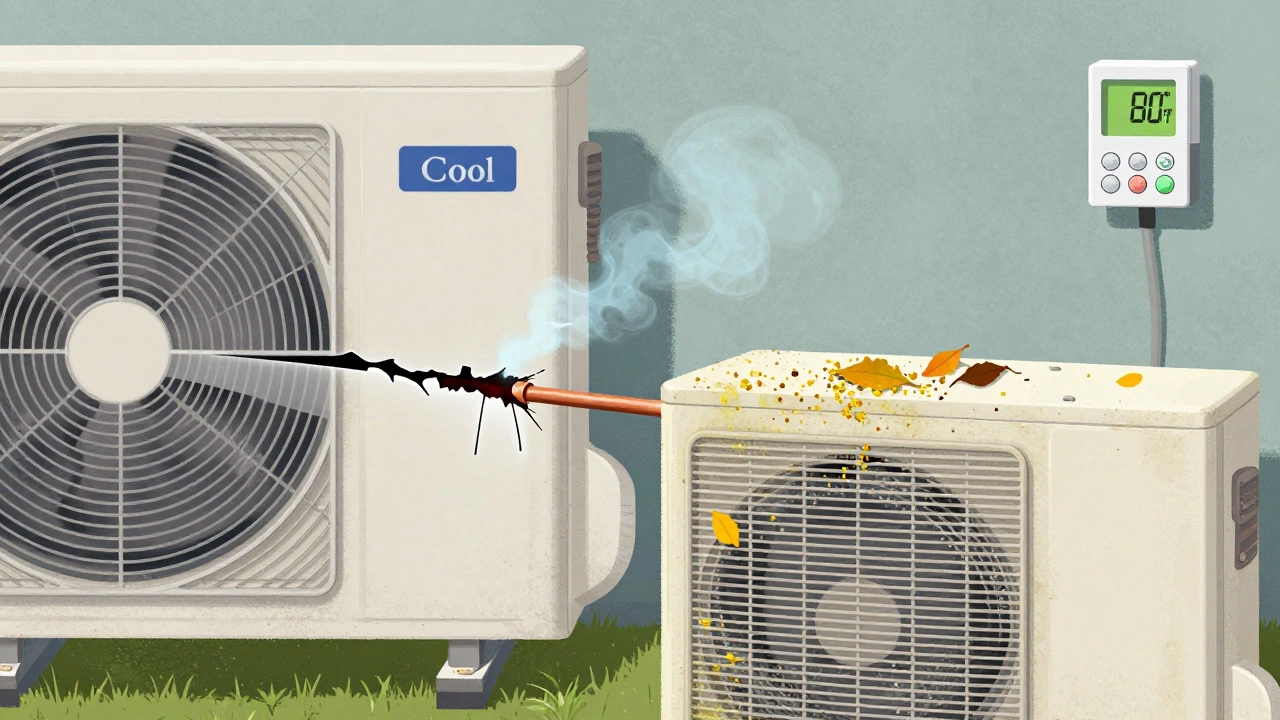 Cross-section of a heat pump showing refrigerant leak and clogged outdoor coil with pollen and leaves.