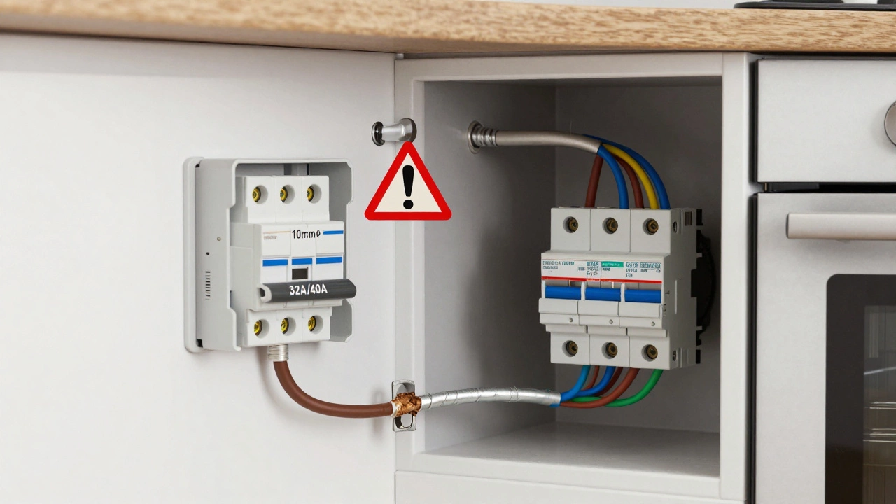 Cutaway view of kitchen wiring showing cable connections from breaker to oven terminal box.