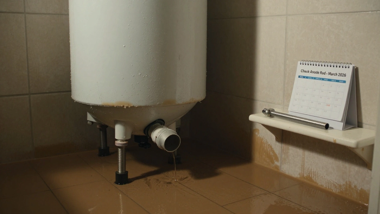 Flooded laundry room with a burst water heater and a simple anode rod on a shelf, highlighting the cost of neglect versus prevention.