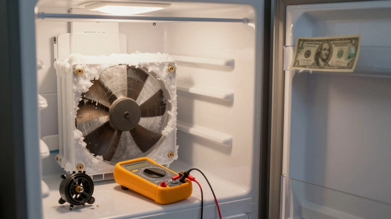 Frozen evaporator fan in a freezer with multimeter testing thermostat connections.