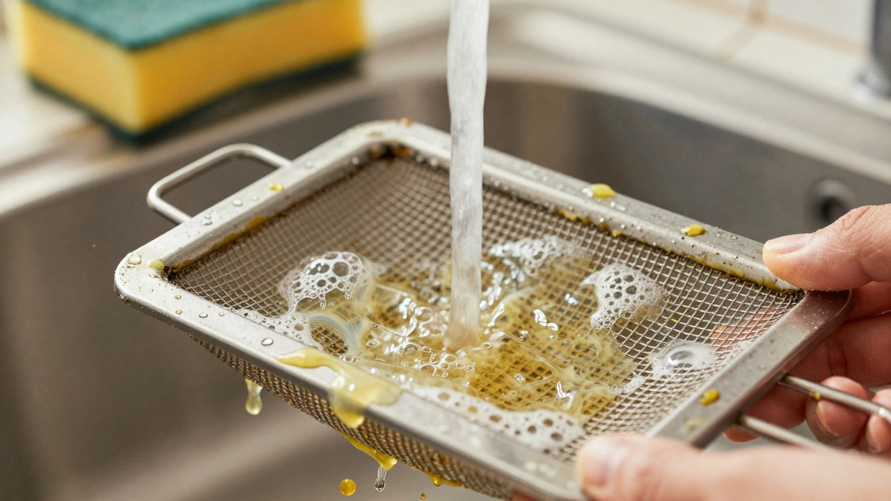 Greasy metal mesh fan filter being washed in sink