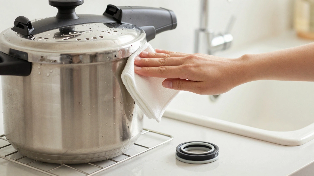 Hands wiping a pressure cooker with a cloth next to a sink.