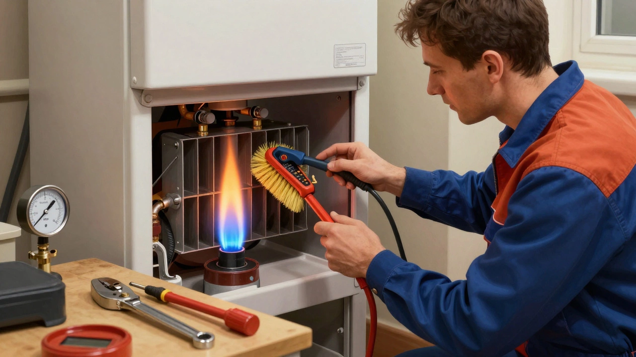 Licensed technician cleaning a boiler's heat exchanger with specialized tools, using a gas analyzer, in a well-lit utility room.