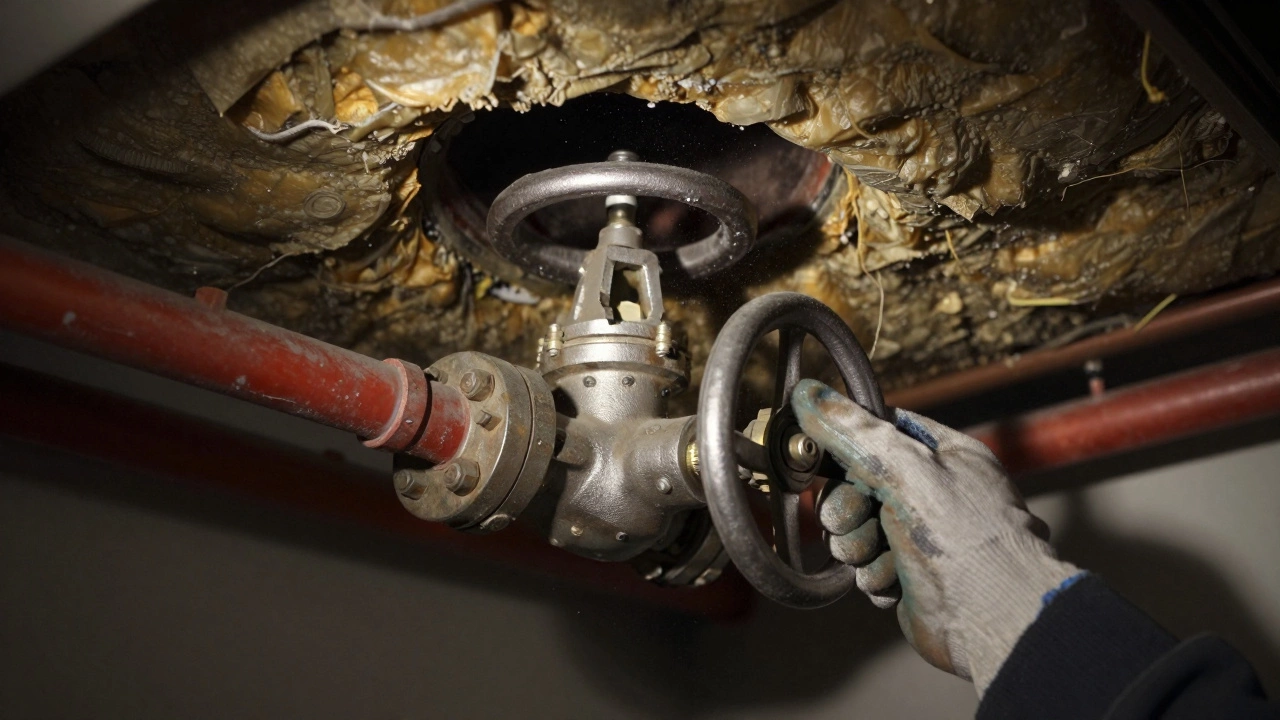 Plumber inspecting an isolation valve in a utility closet.