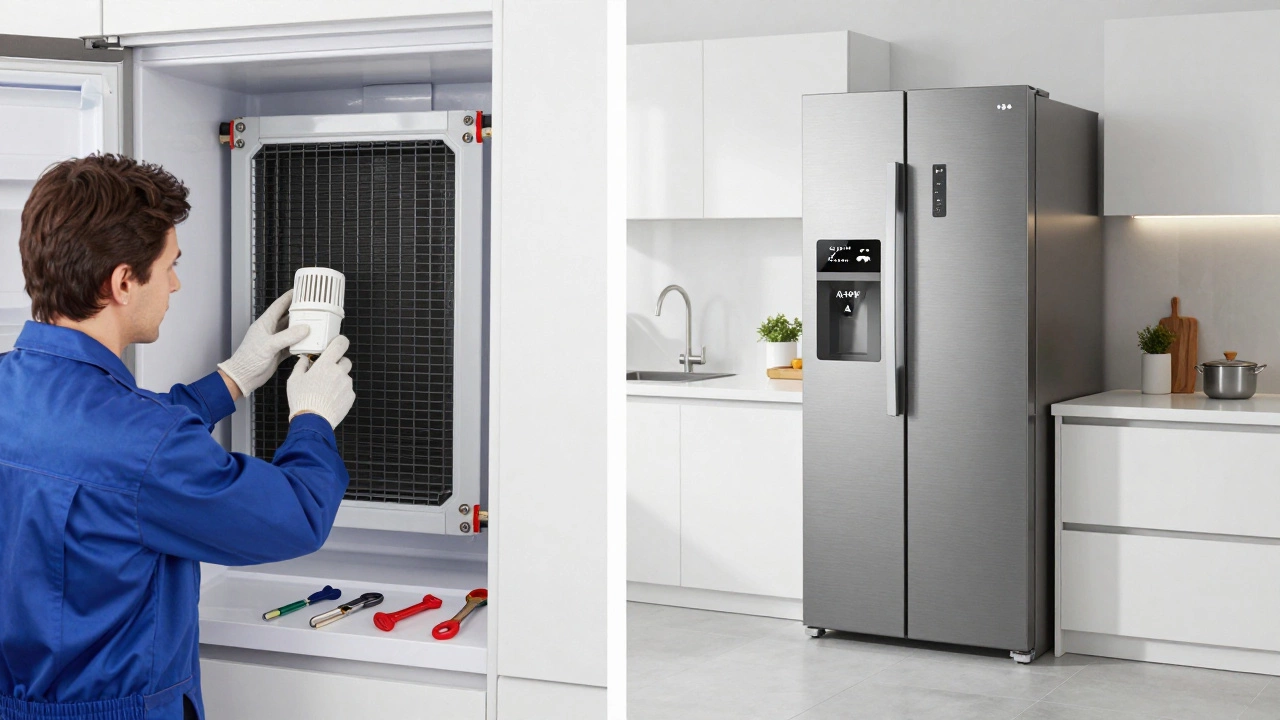 Side-by-side: a technician repairing an old fridge and a modern energy-efficient model in a bright kitchen.