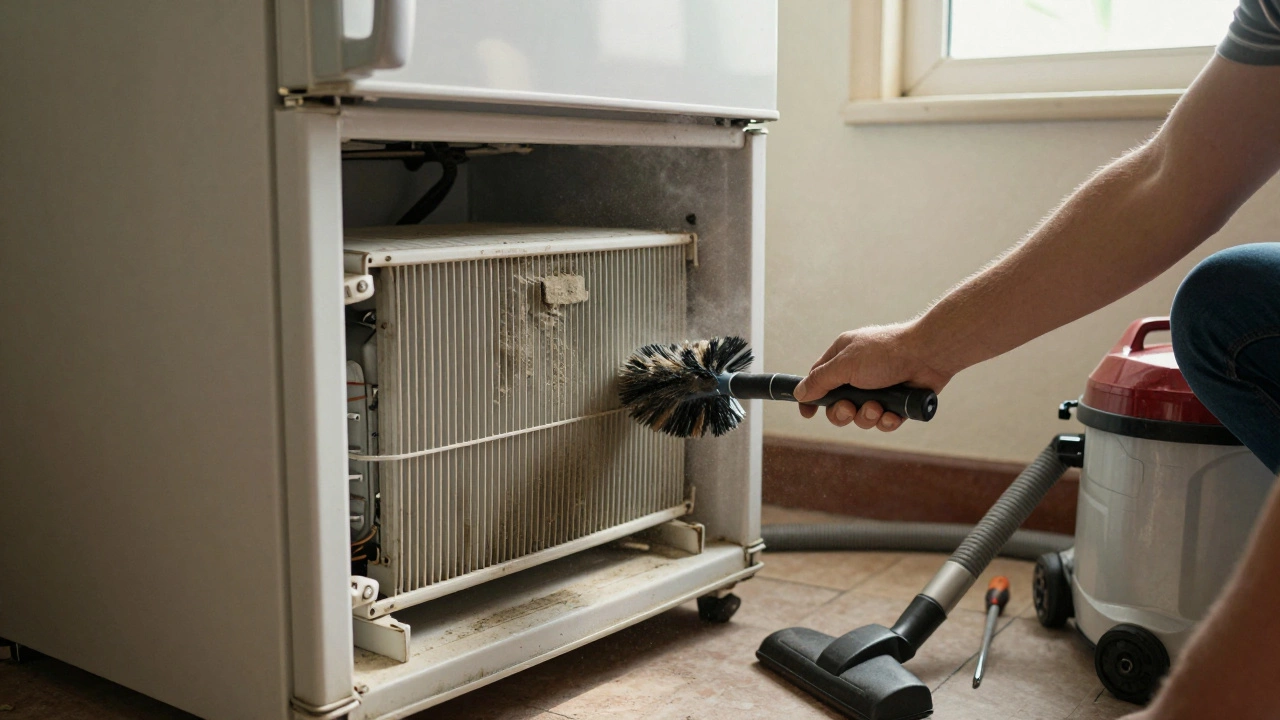 Someone cleaning dusty condenser coils at the back of a refrigerator.