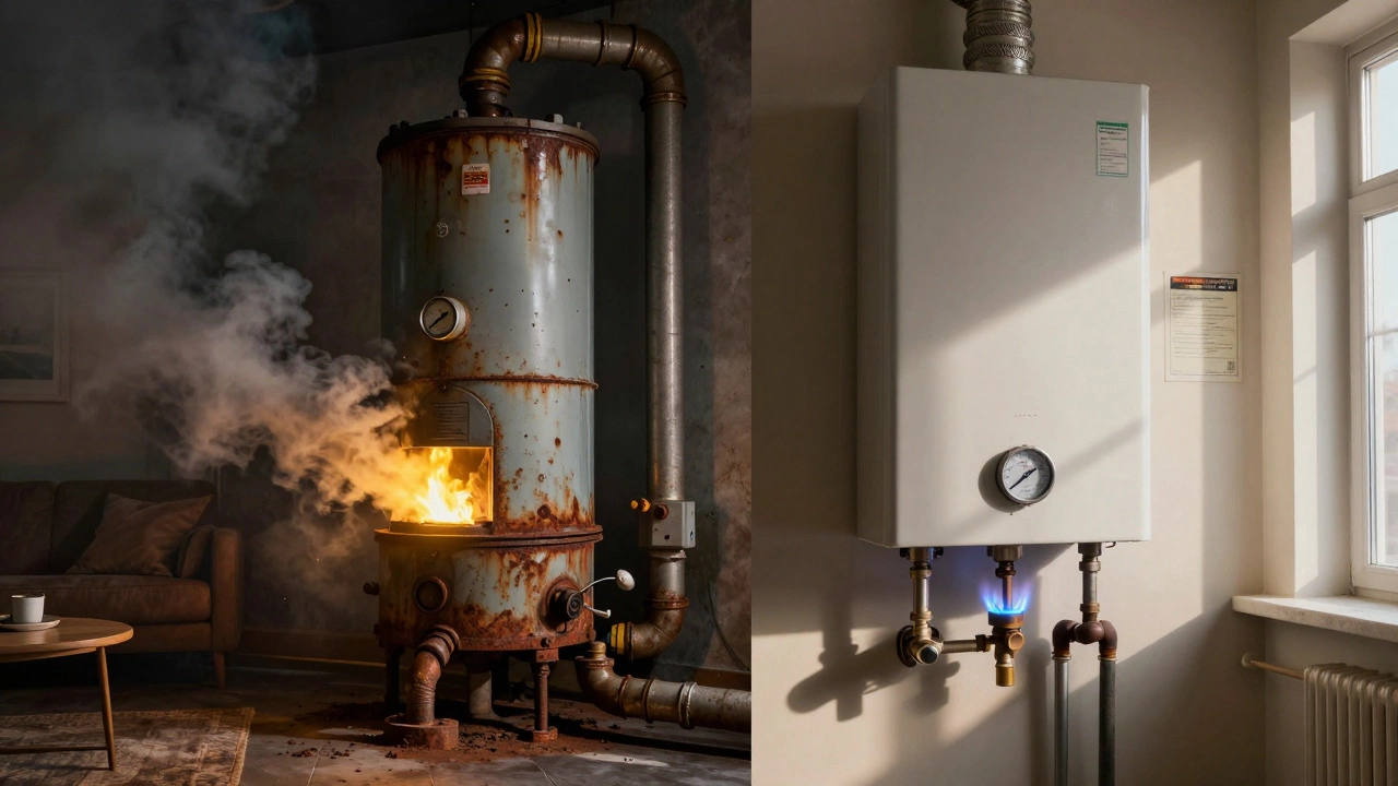 Split image: left shows a dangerous, leaking boiler with yellow flame and toxic fumes; right shows a clean, safe boiler with blue flame and service certificate.