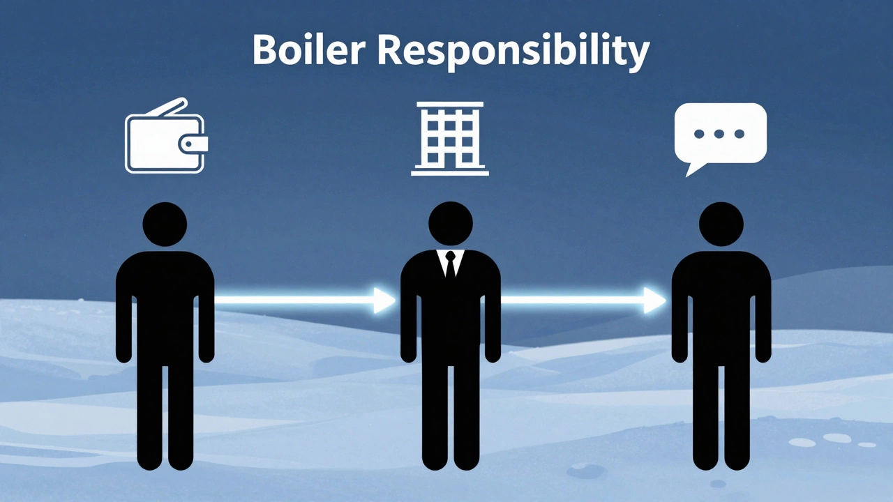 Three silhouettes connected by a pipeline, representing homeowner, landlord, and tenant roles in boiler maintenance.