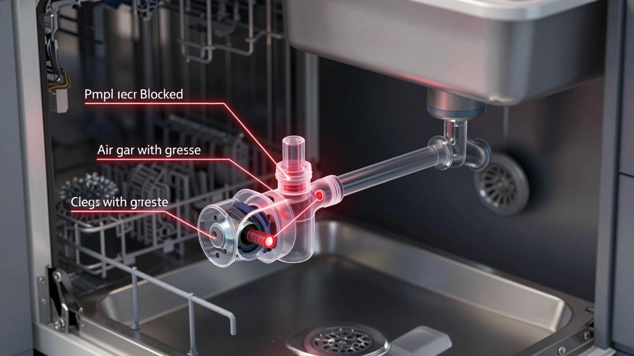 Transparent diagram of a dishwasher's drainage system with three blocked points highlighted.