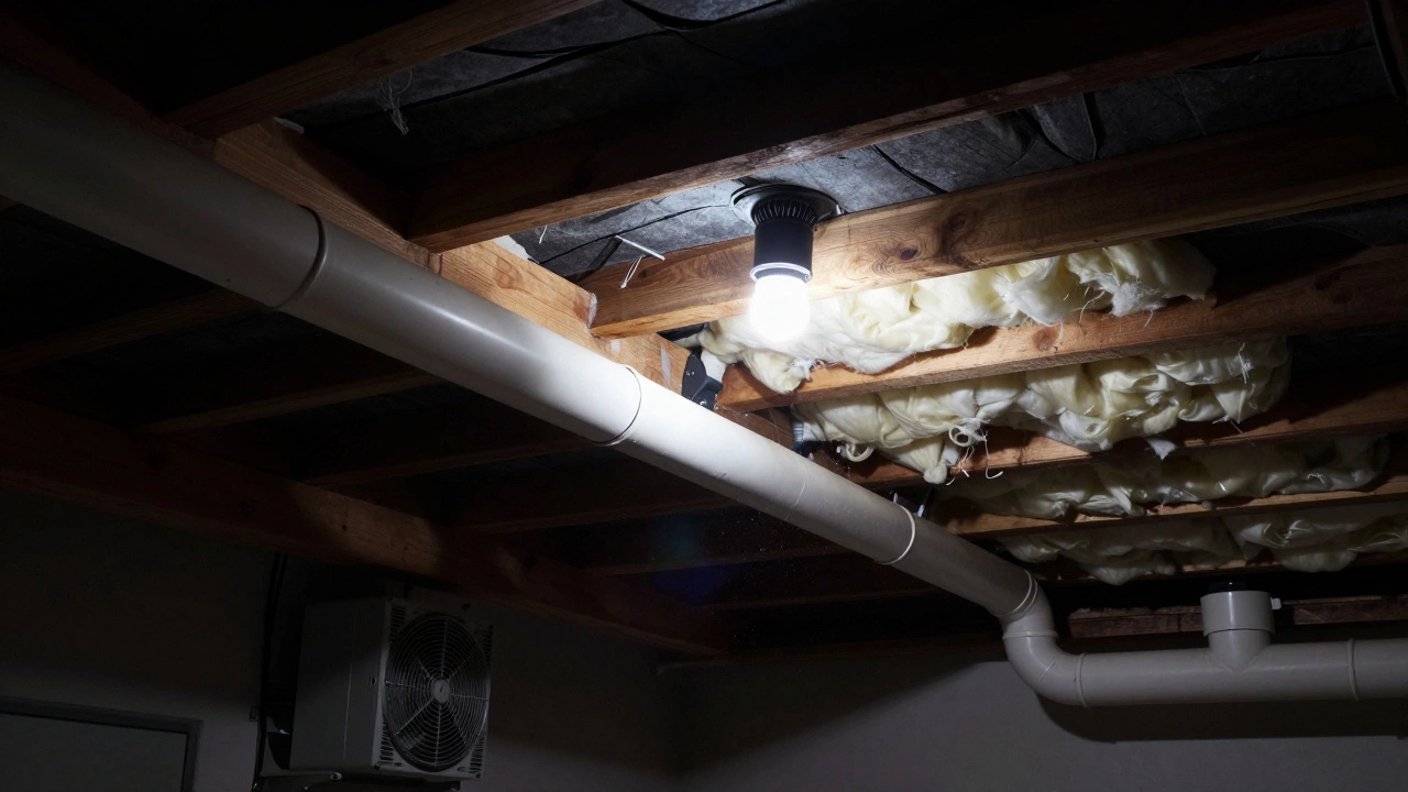 White duct pipe installed through dark insulated roof space