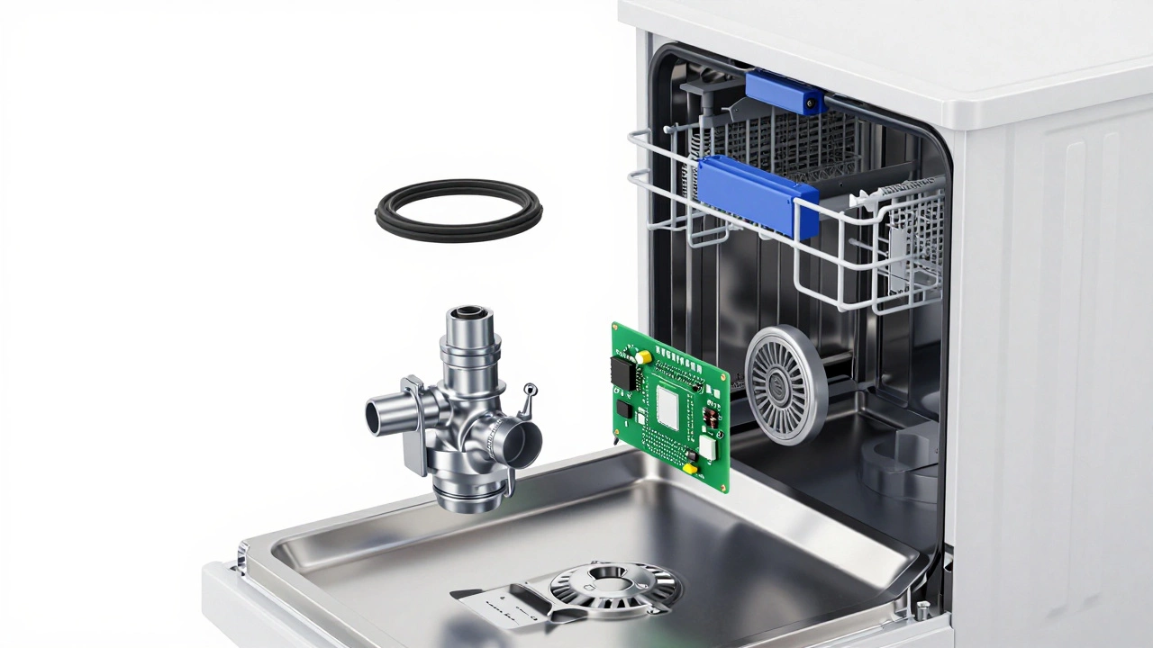3D exploded view of dishwasher parts including the pump, seal, and control board.